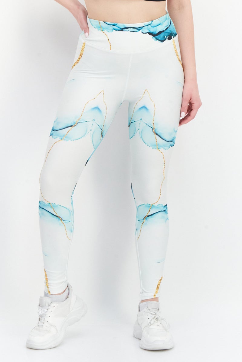 Women Allover Printed Leggings, White/Green/Gold