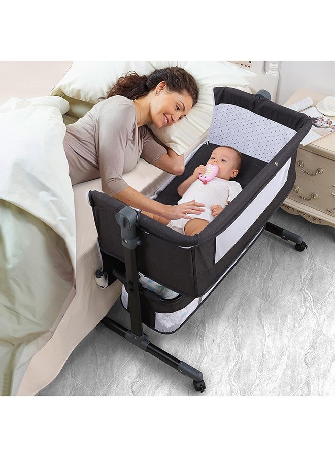 Baby Bedside Crib With Large Storage Basket, Adjustable Height/Angle, Soft Mattress, 360° Swivel Wheels