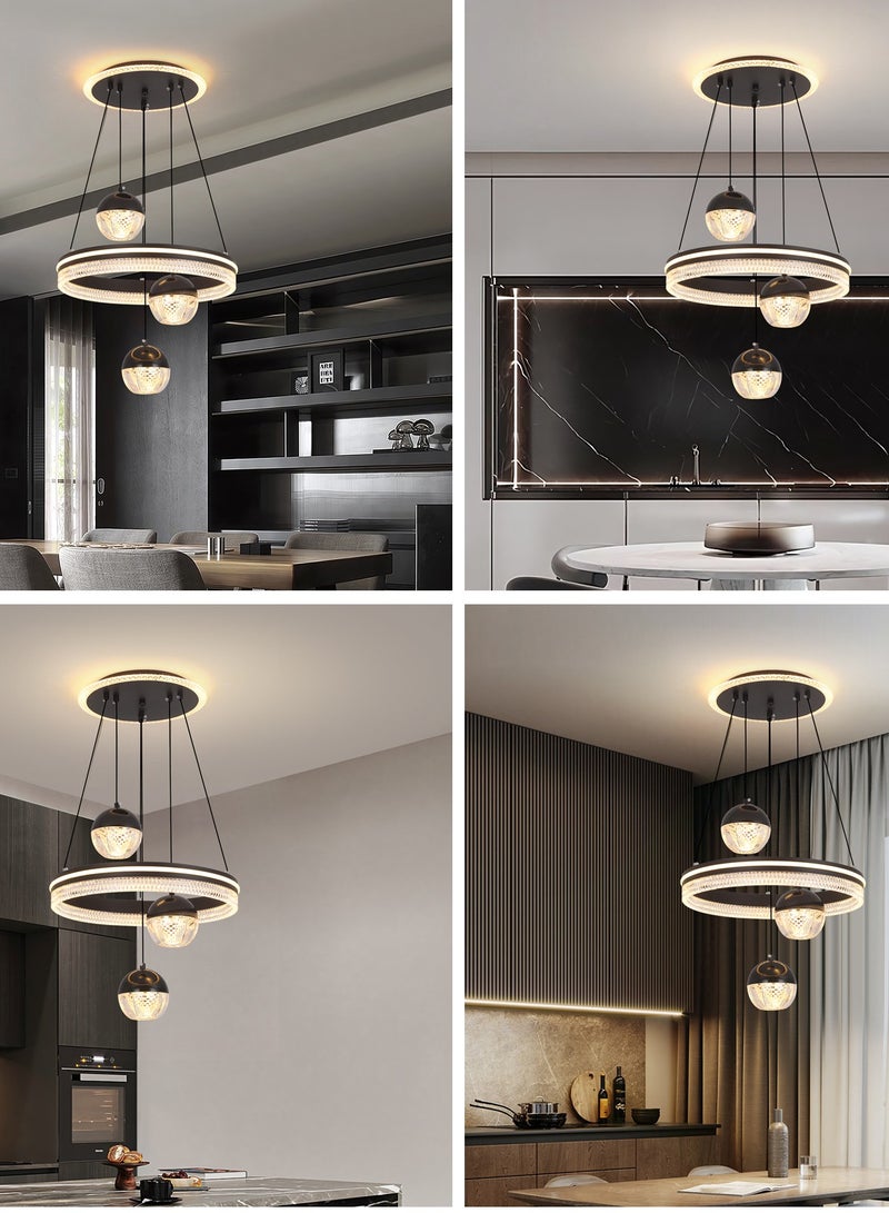 3 Heads Pendant Light Dining Room Table, Modern Black LED Three Round Shape Pendant Light for Kitchen Island Table, Adjustable Color Temperature and Height Chandelier