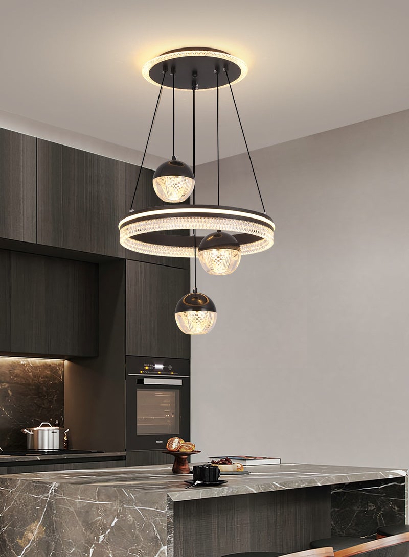 3 Heads Pendant Light Dining Room Table, Modern Black LED Three Round Shape Pendant Light for Kitchen Island Table, Adjustable Color Temperature and Height Chandelier