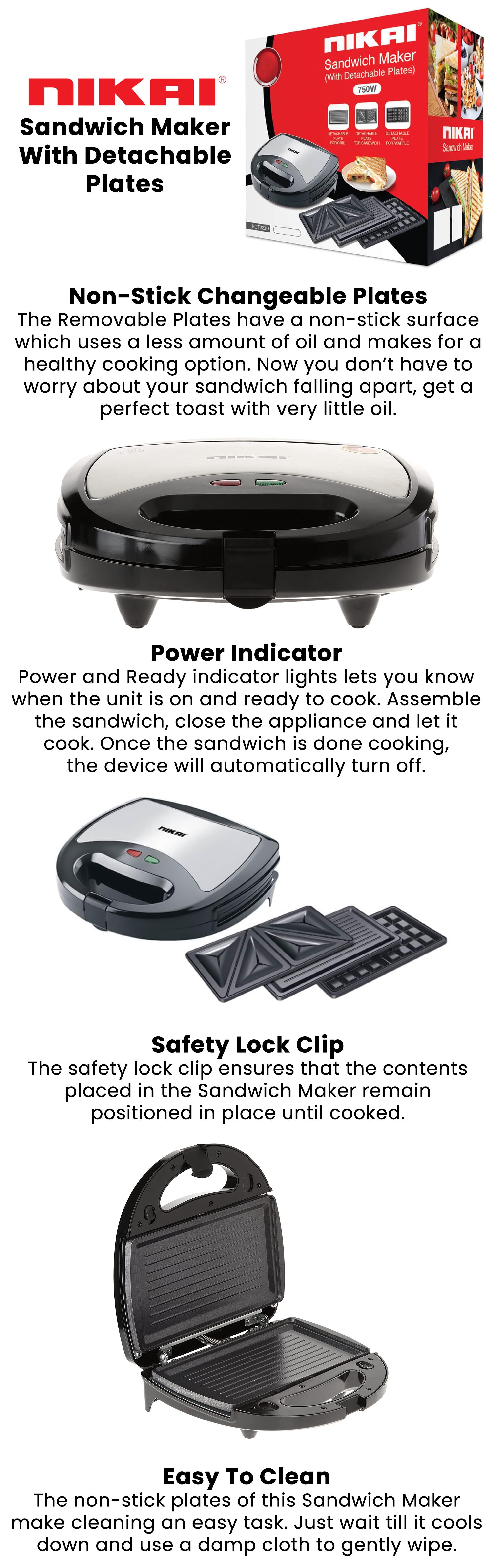 Sandwich Maker With 3 Detachable Plates 750 W NGT323D Black