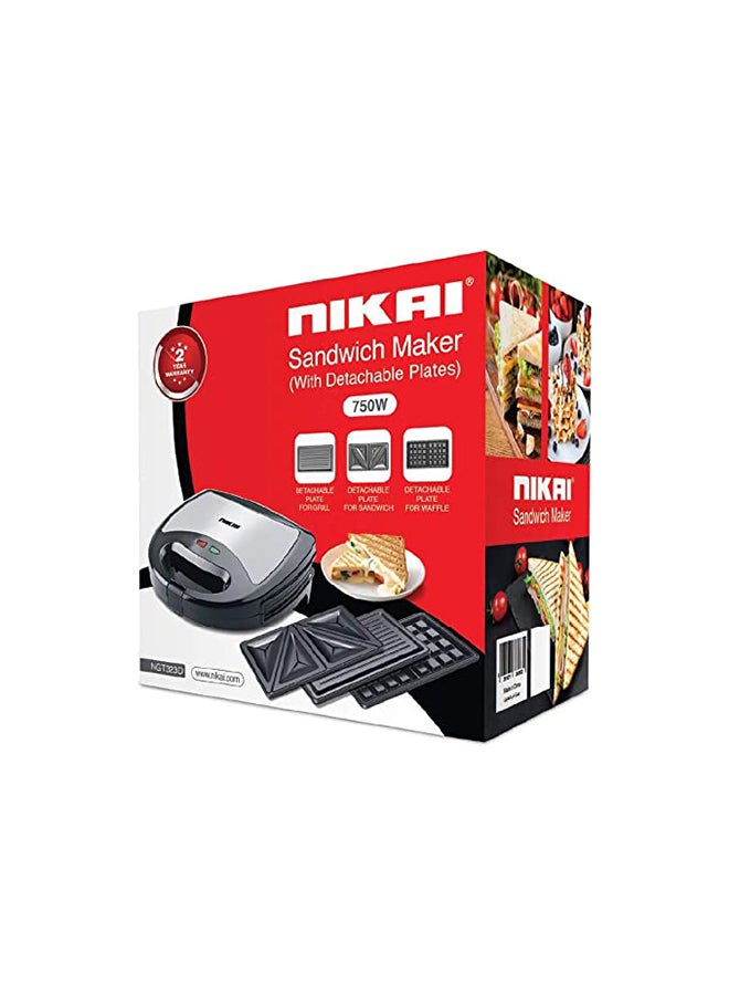 Sandwich Maker With 3 Detachable Plates 750 W NGT323D Black