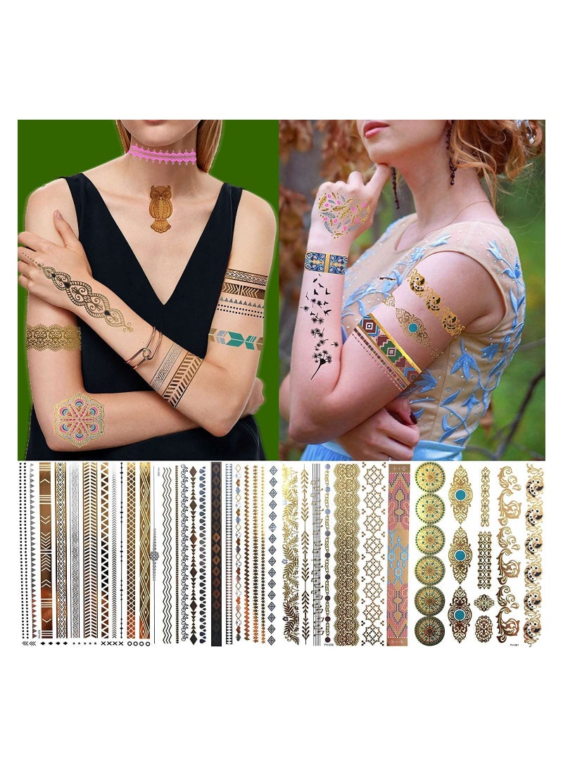 12 Sheets of 130+ Gold Temporary Tattoos for Women and Teens, Festival Flash Tattoos Stickers, Summer Metallic Body Art Decals with Bohemian Mandala Designs