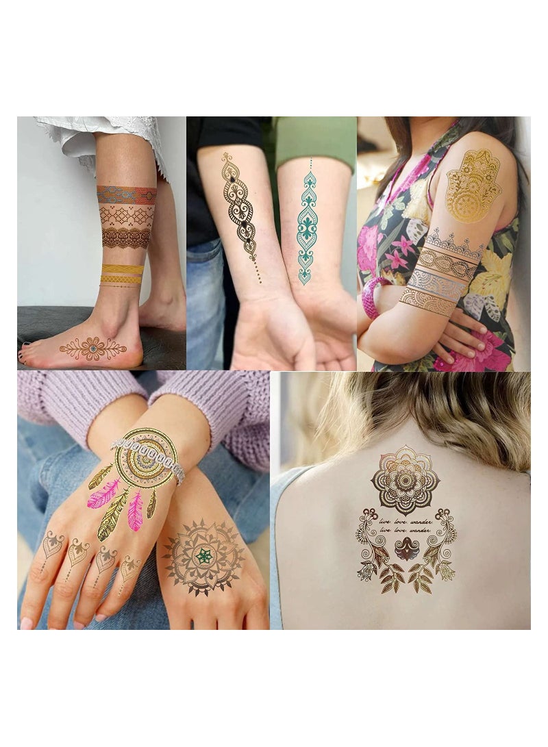 12 Sheets of 130+ Gold Temporary Tattoos for Women and Teens, Festival Flash Tattoos Stickers, Summer Metallic Body Art Decals with Bohemian Mandala Designs