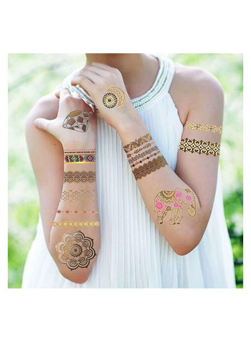 12 Sheets of 130+ Gold Temporary Tattoos for Women and Teens, Festival Flash Tattoos Stickers, Summer Metallic Body Art Decals with Bohemian Mandala Designs