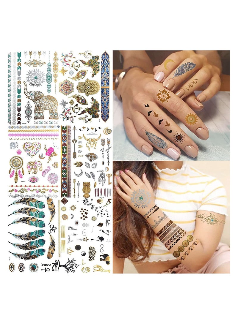 12 Sheets of 130+ Gold Temporary Tattoos for Women and Teens, Festival Flash Tattoos Stickers, Summer Metallic Body Art Decals with Bohemian Mandala Designs