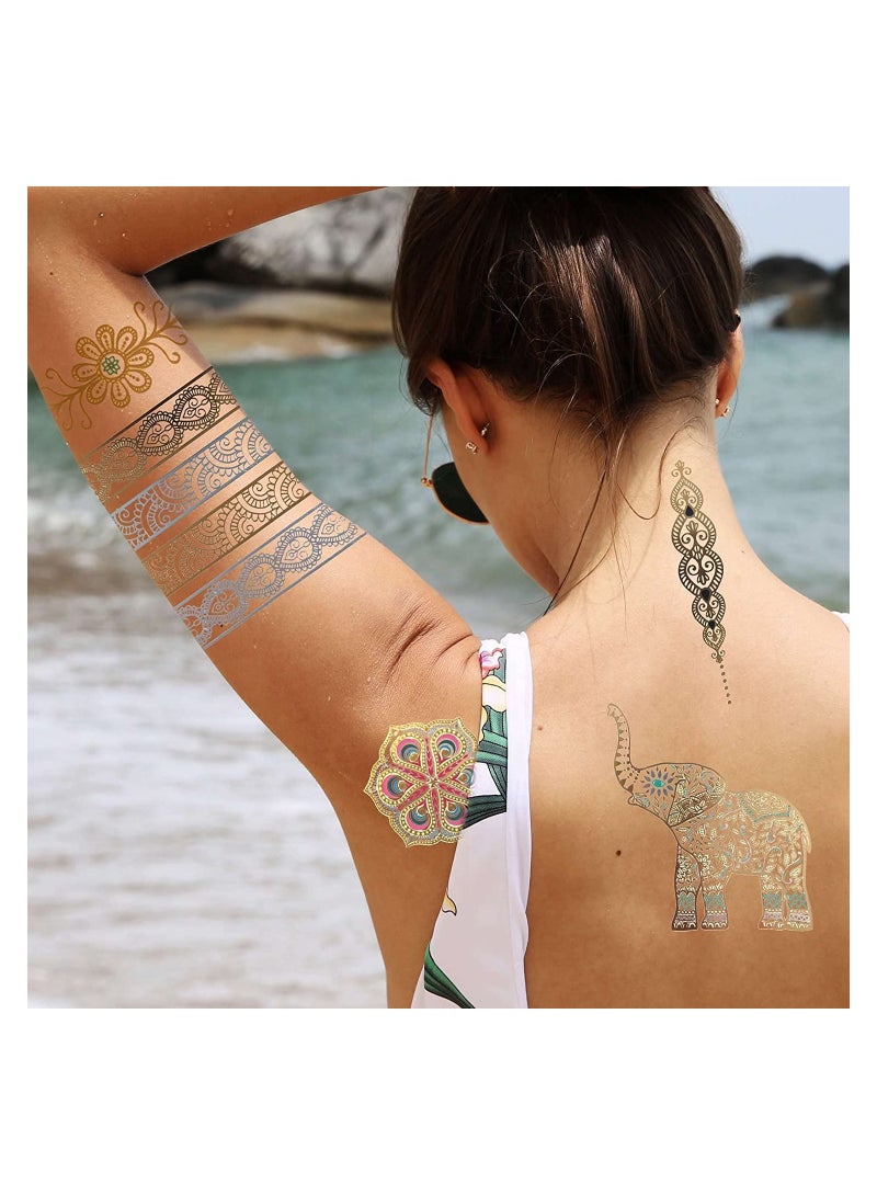 12 Sheets of 130+ Gold Temporary Tattoos for Women and Teens, Festival Flash Tattoos Stickers, Summer Metallic Body Art Decals with Bohemian Mandala Designs