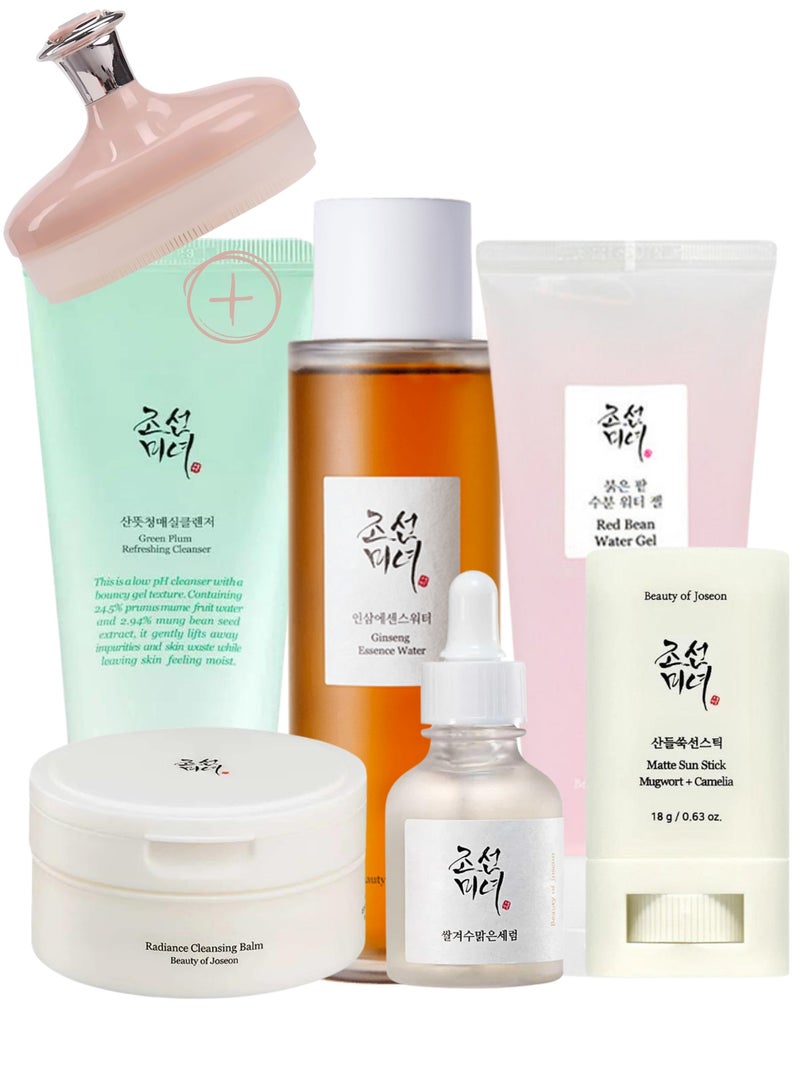 Complete Harmony Collection For Vibrant Skin & face scrubber - Radiance Cleansing Balm, Green Plum Cleansing Gel, Ginseng Essence Water, Glow Deep Serum, Red Bean Water Gel Moisturizer &  Sunscreen Matte Sun Stick 420ml