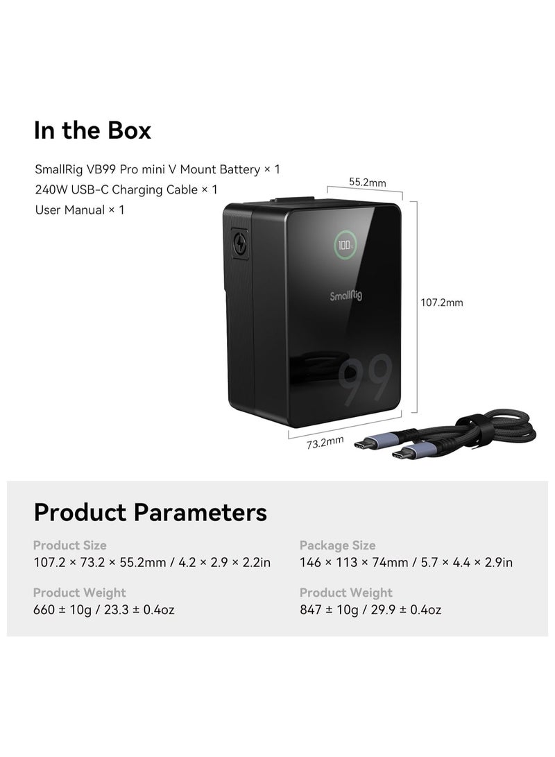 SMALLRIG V Mount Battery VB99 Pro 6700mAh 99Wh 14.8V V-Mount Battery Support 100W PD USB-C Fast Charger, with D-TAP, Dual USB-C, Dual DC Port, USB-A, for Camera, Camcorder, Monitor, Filmmaker - 4292