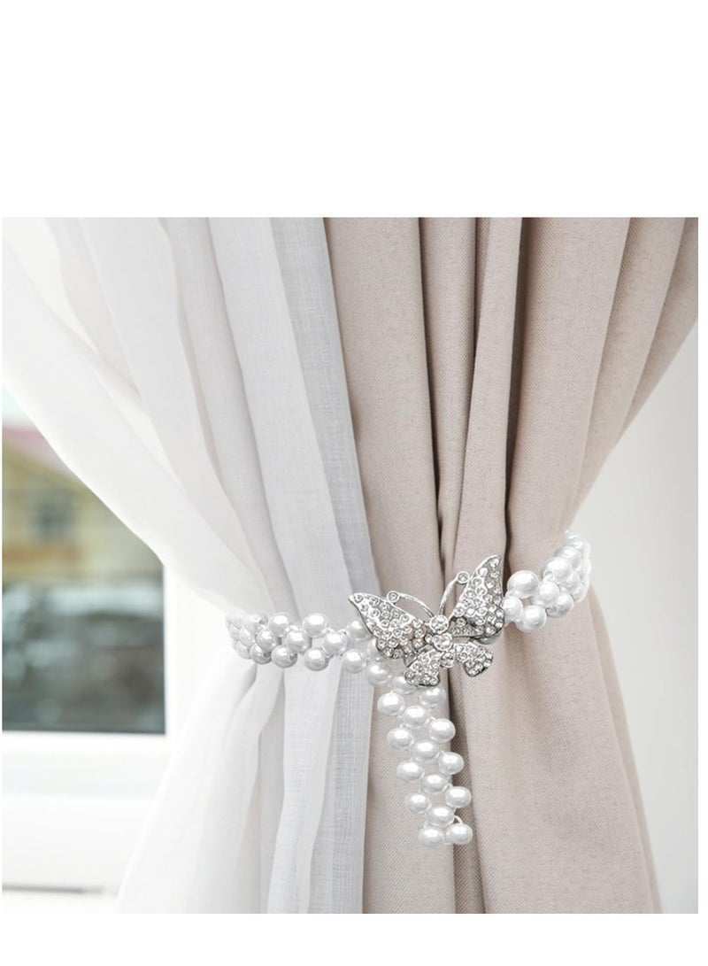 2 Pieces  Curtain TieBacks Butterfly Pearl Curtain Decorative Clips Rope Holdbacks Curtain Holder Buckles Metal TieBacks for Home Office Hotel Window Drape Decorative