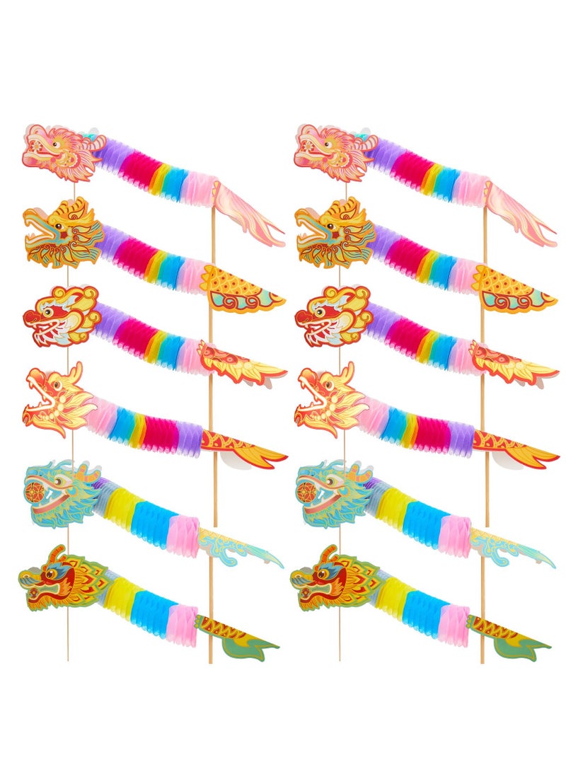 12 Pack 2024 Chinese Paper Dragon Decorations 3D DIY Chinese Paper Dragon Pick Garland Banner New Year Paper Dragon Puppet for Kids Spring Festival Party Craft Set Supplies, 6 Styles