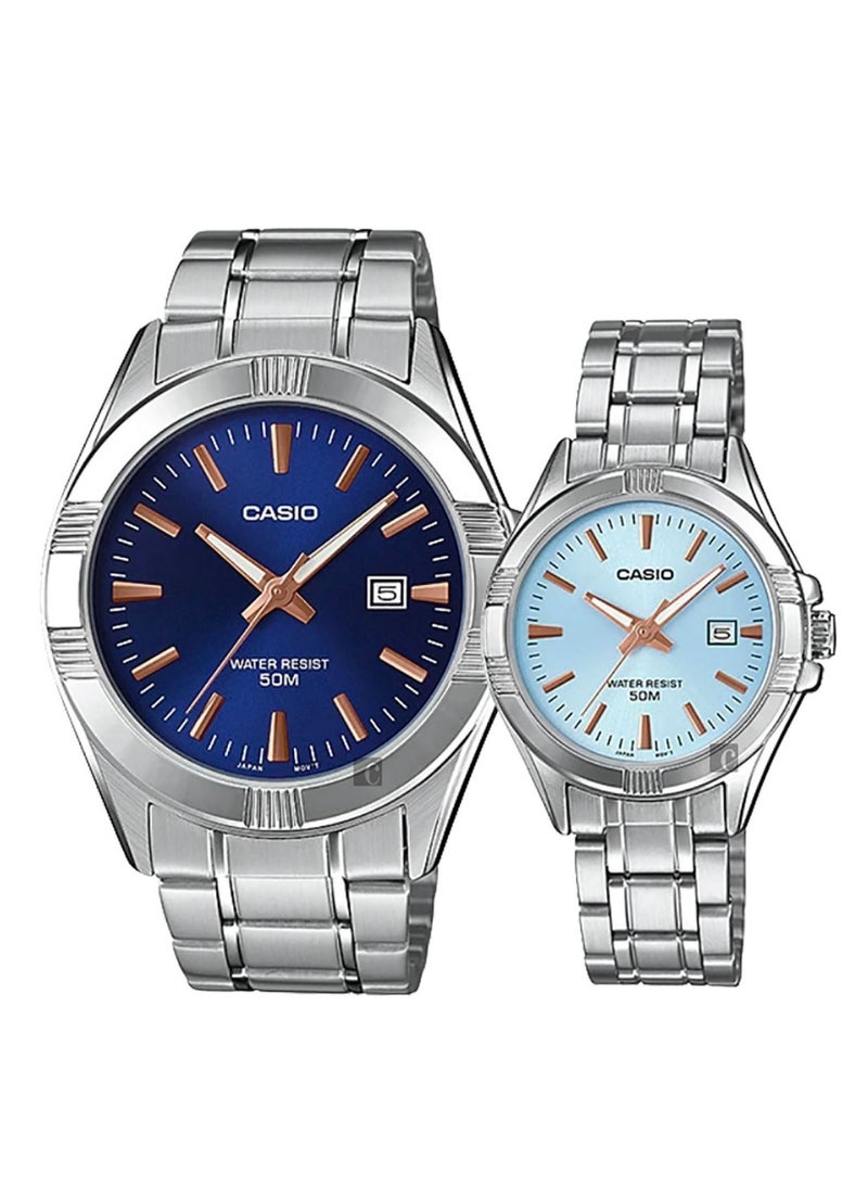 Casio His & Her Blue Dial Stainless Steel Band Couple Watch MTP/LTP-1308D-2AVDF