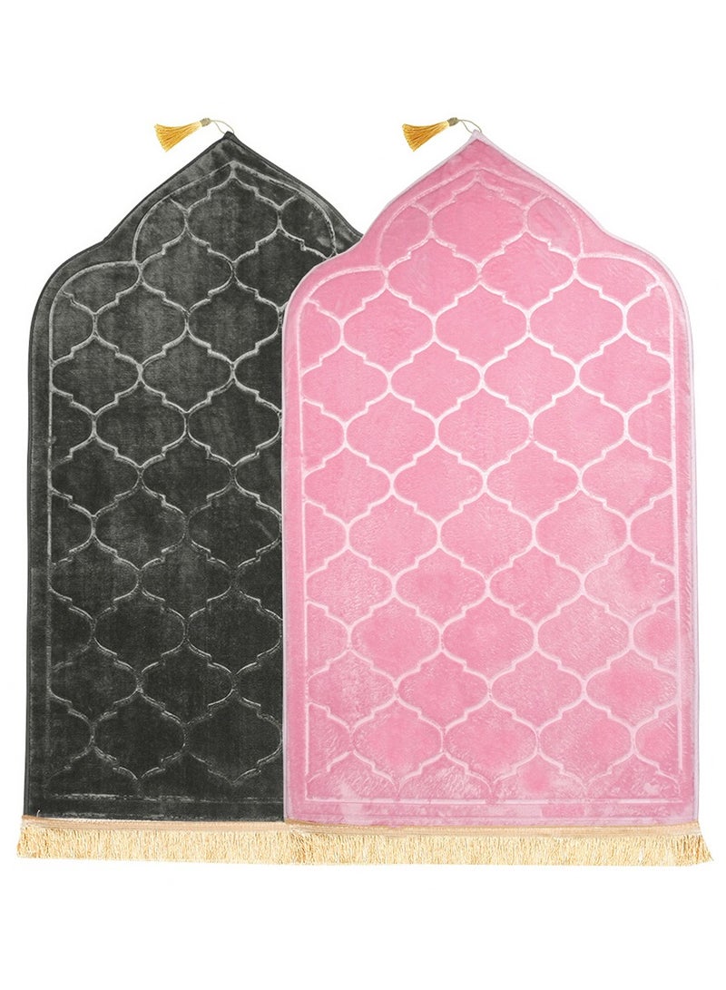 Pack of 2 Prayer Mats 70x110cm Anti-Slip Velvet Top Islamic Prayer Rugs for Gifting New Dome Design Thick Padded Sajadah Prayer Mat for Couples Men Women Eid Gift Ramadan Prayer Mat Grey/Pink