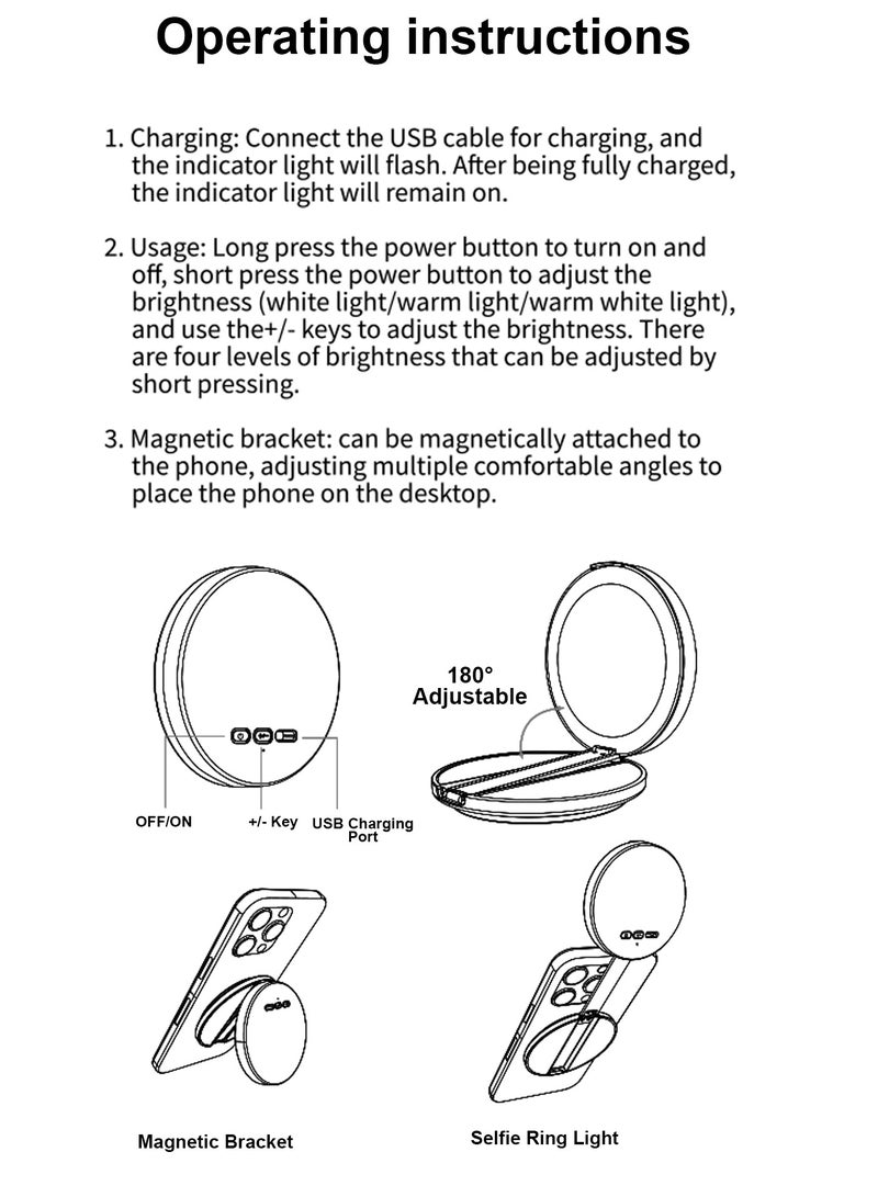 Magnetic Fill Light Mirror with 3 Scene Lighting Modes, Adjustable Magnetic Bracket, 180° Multi-Angle, Type-C Charging, Portable Makeup Mirror with Phone Stand & Powerful Fill Light for Photography, Video & Travel