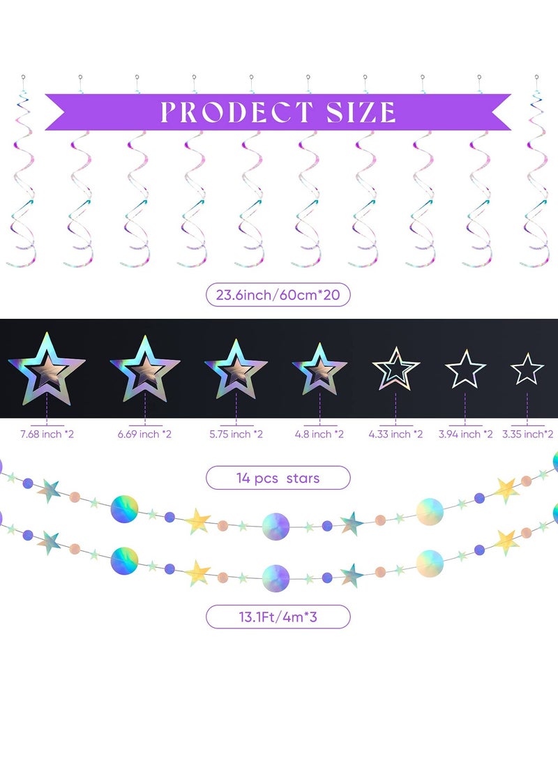 Party Supplies Kit 37 Pieces Iridescent Holographic Hanging Bling Twinkle Star Galaxy Garland Circle Dot Swirl Streamer Glitter Decorations For Wedding Disco Party Decorations