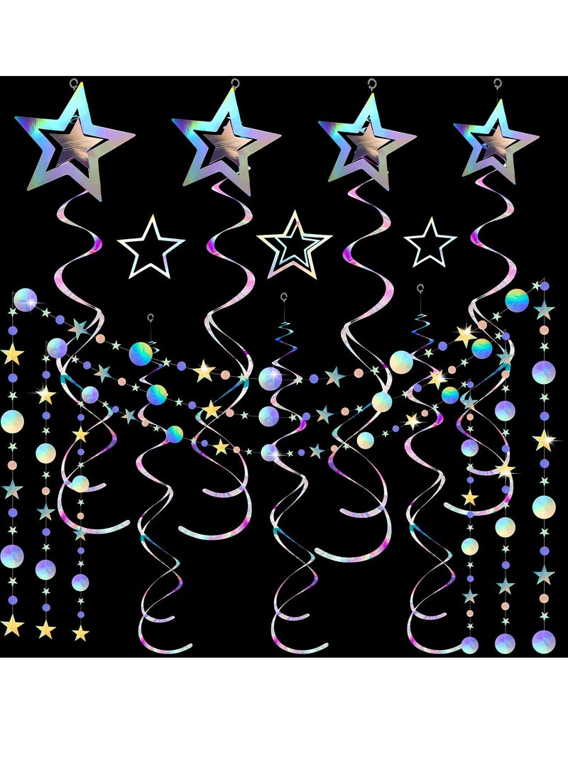 Party Supplies Kit 37 Pieces Iridescent Holographic Hanging Bling Twinkle Star Galaxy Garland Circle Dot Swirl Streamer Glitter Decorations For Wedding Disco Party Decorations