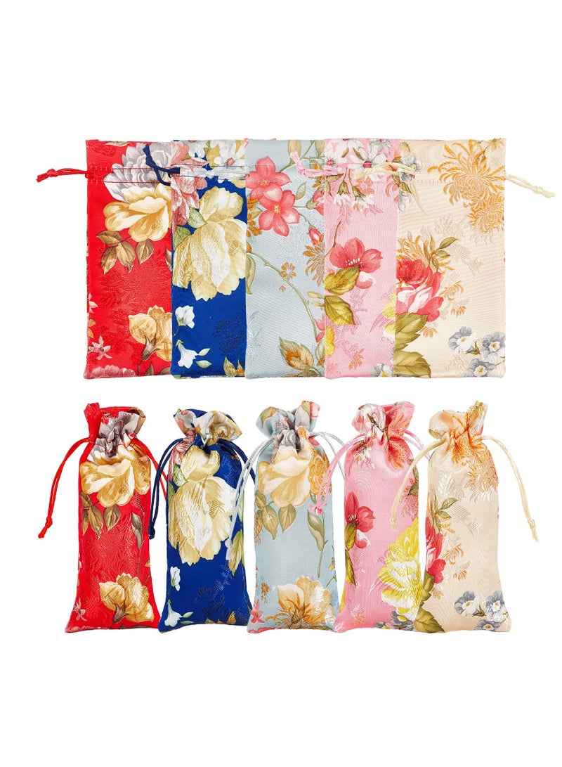 Silk Brocade Pouches Drawstring Gift Bags, 5 Colors Drawstring Gift Bag with Peony Pattern, Silk Pouches for Women Necklaces Earrings Bracelets Wedding Favor Bags