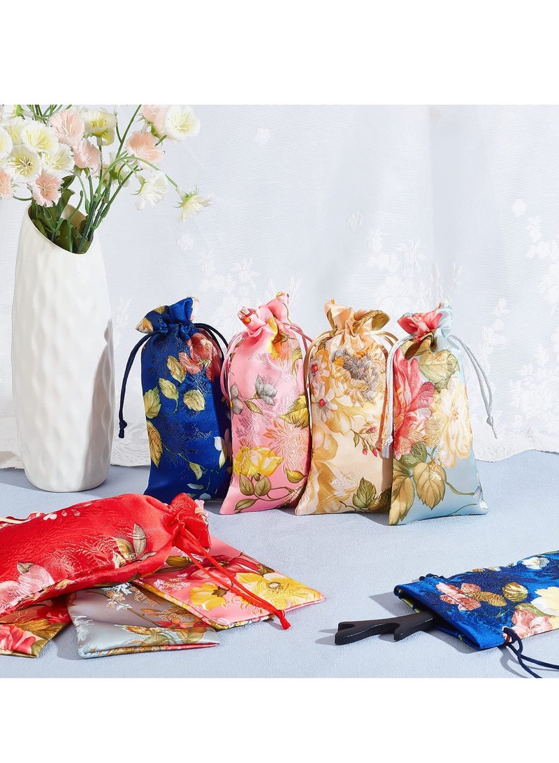 Silk Brocade Pouches Drawstring Gift Bags, 5 Colors Drawstring Gift Bag with Peony Pattern, Silk Pouches for Women Necklaces Earrings Bracelets Wedding Favor Bags