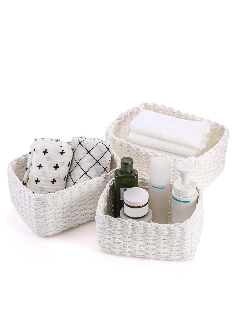 3 Pcs Durable Paper Rope Woven Storage Baskets, Braided Multipurpose Organizer Bins for Kids Baby Closets, Room Decor, Dog Cat Toys, Gift Baskets Empty - White 3 Sizes