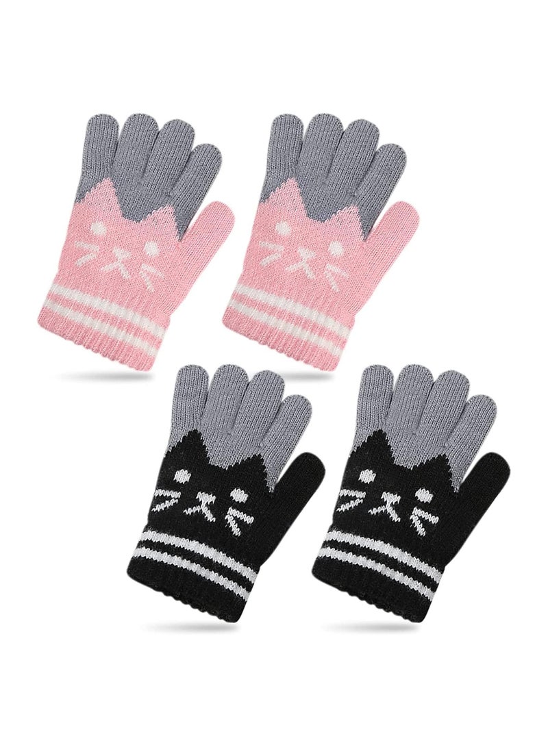 2 Pairs Kids Winter Gloves Warm Knitted Soft Gloves lovely Cat Thermal Full Fingers Stretch Gloves Outdoor School Costume Daily Wearing for Boys Girls 3-8 Years Old (Black+Pink)