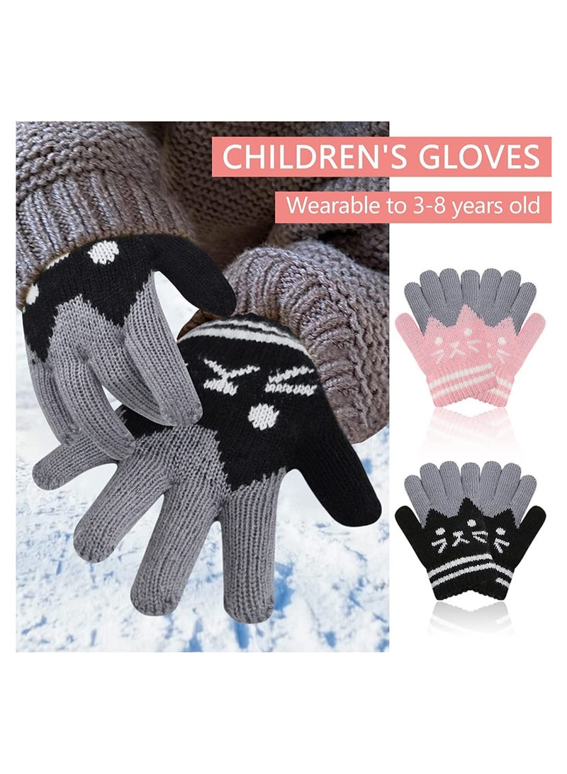 2 Pairs Kids Winter Gloves Warm Knitted Soft Gloves lovely Cat Thermal Full Fingers Stretch Gloves Outdoor School Costume Daily Wearing for Boys Girls 3-8 Years Old (Black+Pink)