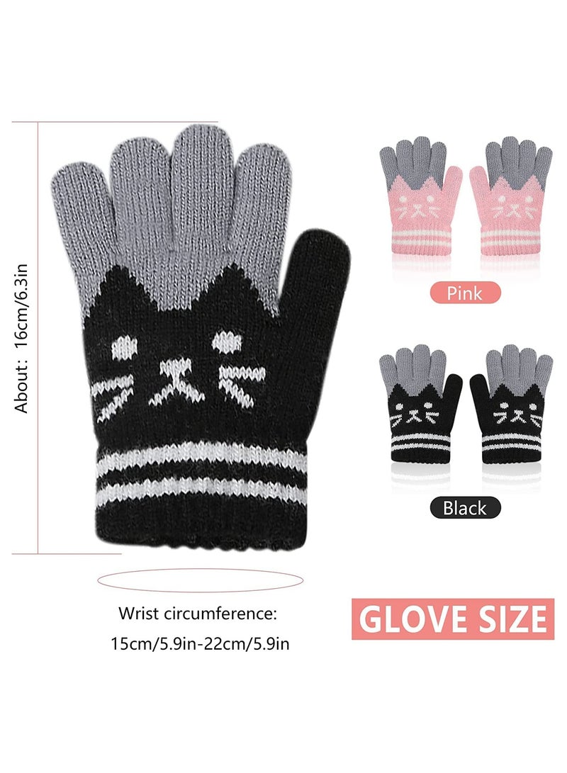 2 Pairs Kids Winter Gloves Warm Knitted Soft Gloves lovely Cat Thermal Full Fingers Stretch Gloves Outdoor School Costume Daily Wearing for Boys Girls 3-8 Years Old (Black+Pink)