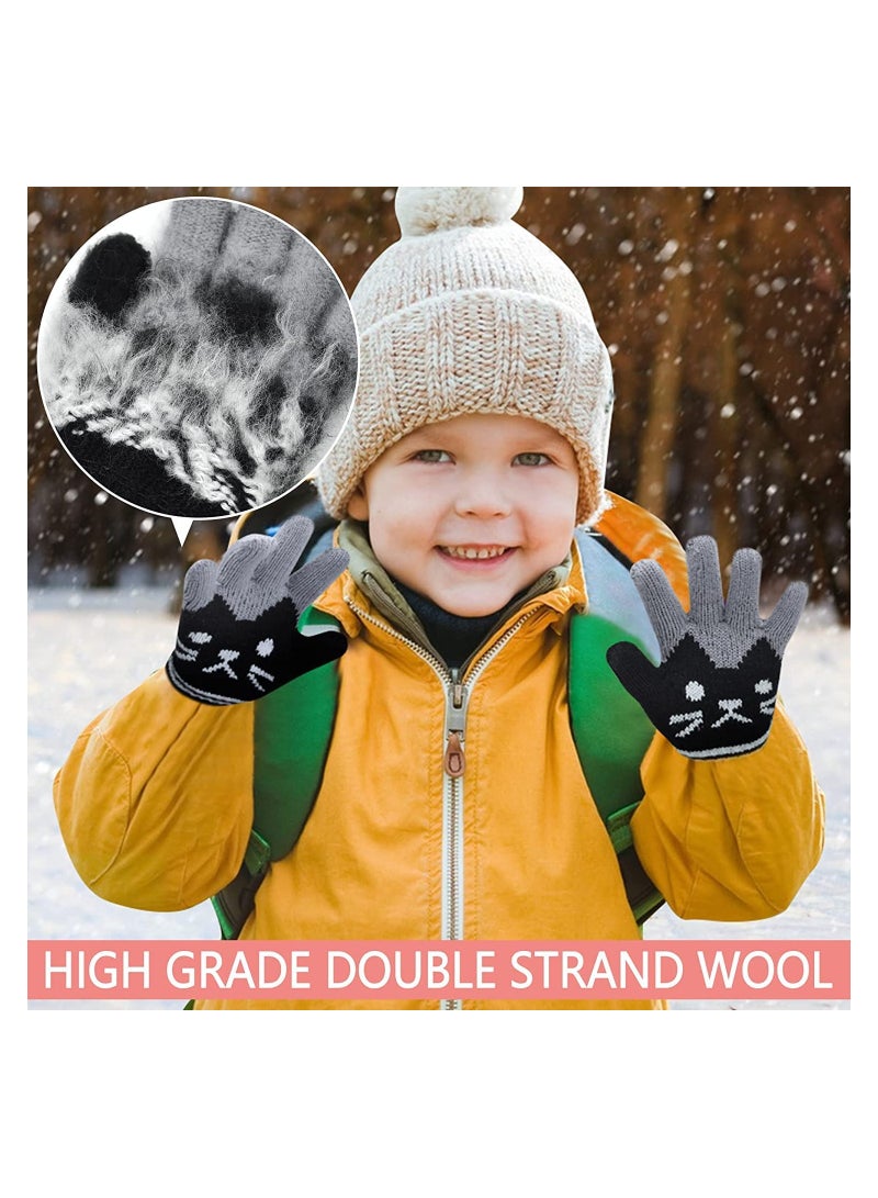 2 Pairs Kids Winter Gloves Warm Knitted Soft Gloves lovely Cat Thermal Full Fingers Stretch Gloves Outdoor School Costume Daily Wearing for Boys Girls 3-8 Years Old (Black+Pink)
