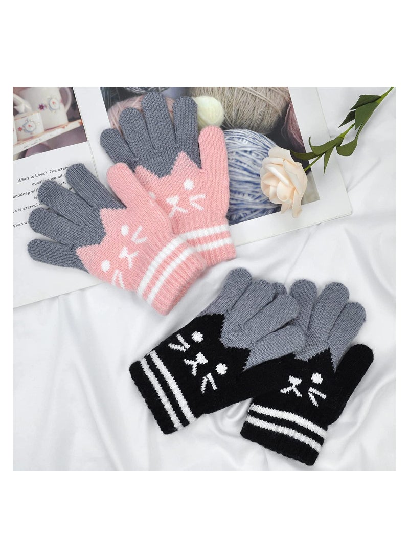 2 Pairs Kids Winter Gloves Warm Knitted Soft Gloves lovely Cat Thermal Full Fingers Stretch Gloves Outdoor School Costume Daily Wearing for Boys Girls 3-8 Years Old (Black+Pink)