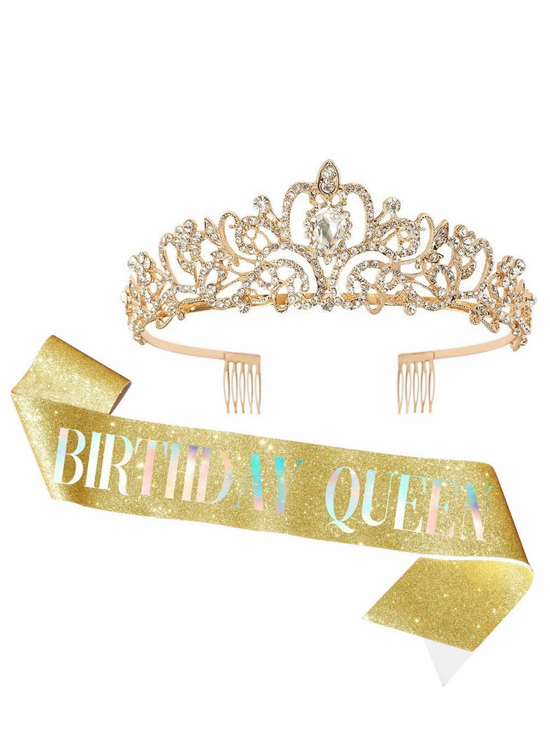 Elegant Birthday Queen Tiara and Sash Set with Sparkling Rhinestones for Women and Girls Ideal for Birthday Parties and Princess Celebrations