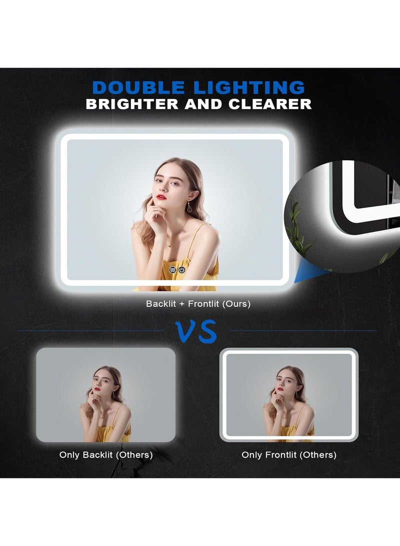 LED Bathroom Mirror, Backlit + Front Lights, Anti-Fog Makeup Mirror, 3 Colors Dimmable Led Vanity Mirror, Memory, Waterproof, Horizontal/Vertical Wall Mount