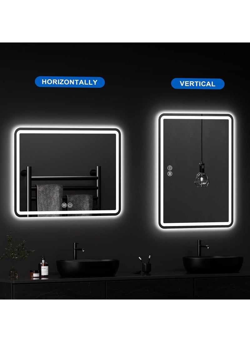 LED Bathroom Mirror, Backlit + Front Lights, Anti-Fog Makeup Mirror, 3 Colors Dimmable Led Vanity Mirror, Memory, Waterproof, Horizontal/Vertical Wall Mount