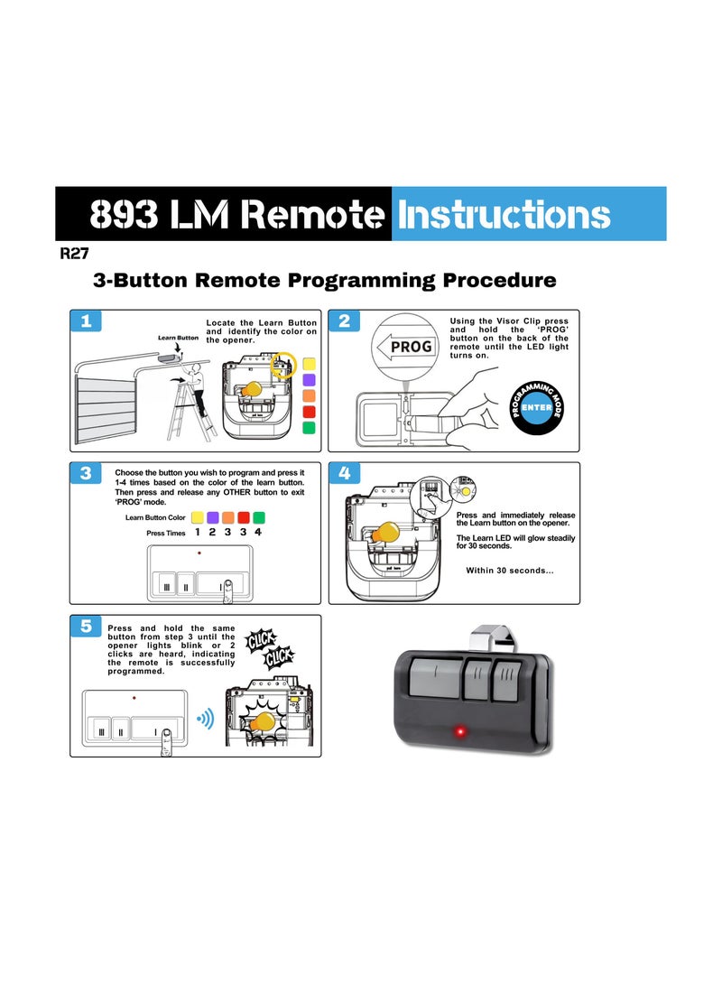 Garage Door Opener, 2 Pack for Chamberlain Liftmaster Craftsman Remote 893LM Learn, Suitable for 5 Color Learn Buttons, Garage Door Opener Remote, Replacement Garage Door Remote Opener Universal