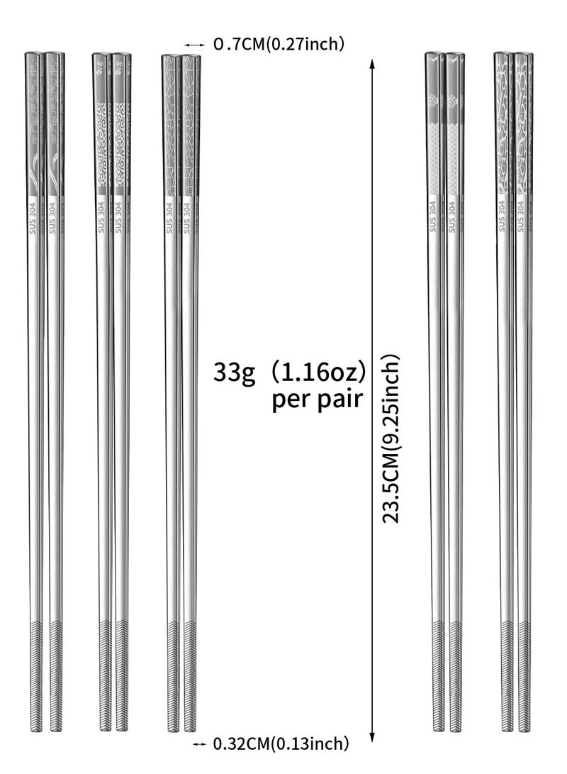 Stainless Steel Chopsticks, Silver Reusable Dishwasher Safe Metal Chopsticks Square Lightweight Chop Sticks, Gift Set（5 Pairs ）