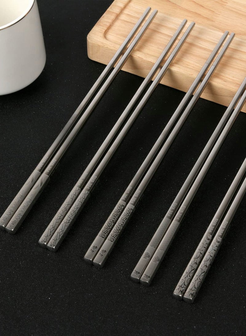 Stainless Steel Chopsticks, Silver Reusable Dishwasher Safe Metal Chopsticks Square Lightweight Chop Sticks, Gift Set（5 Pairs ）