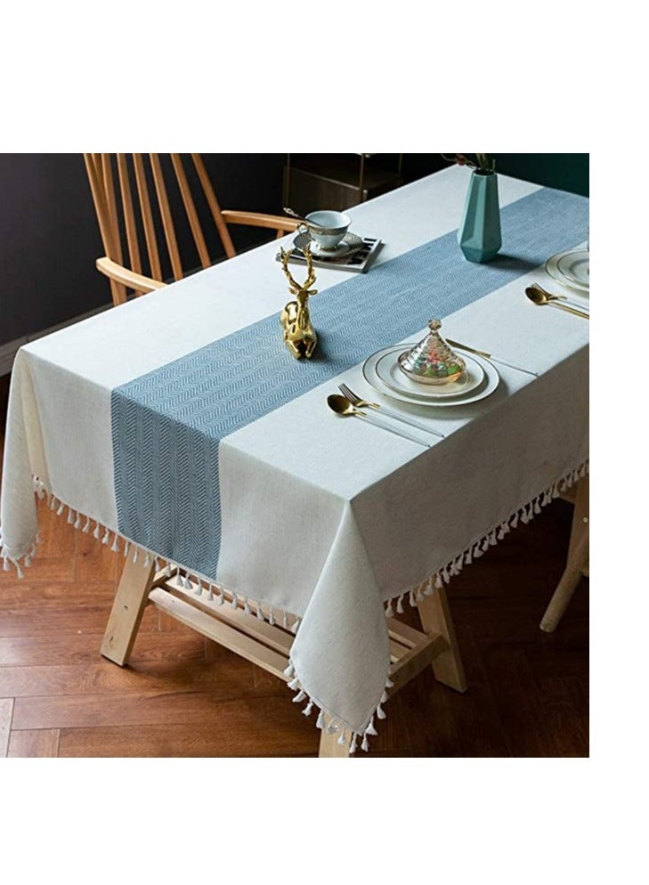 Table Cloth Wrinkle Free Tablecloth Cotton Linen Tablecloths Rectangle Table Cloths Tassle Tablecloth Table Cloth For Kitchen Dining Outdoor Table (Beige Blue Stripe 55X70 Inch)