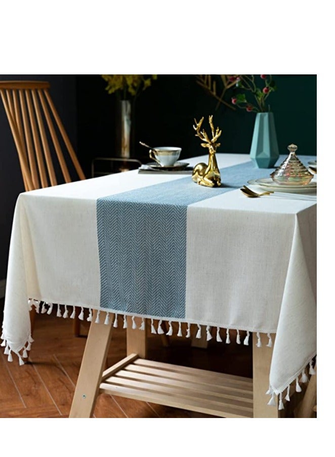 Table Cloth Wrinkle Free Tablecloth Cotton Linen Tablecloths Rectangle Table Cloths Tassle Tablecloth Table Cloth For Kitchen Dining Outdoor Table (Beige Blue Stripe 55X70 Inch)