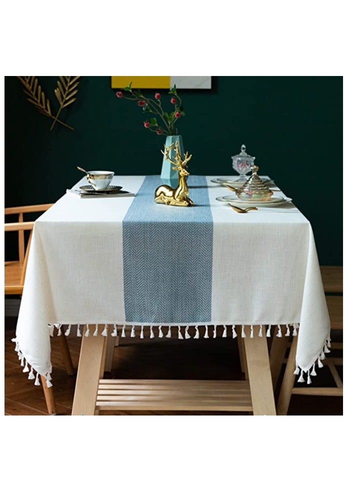 Table Cloth Wrinkle Free Tablecloth Cotton Linen Tablecloths Rectangle Table Cloths Tassle Tablecloth Table Cloth For Kitchen Dining Outdoor Table (Beige Blue Stripe 55X70 Inch)