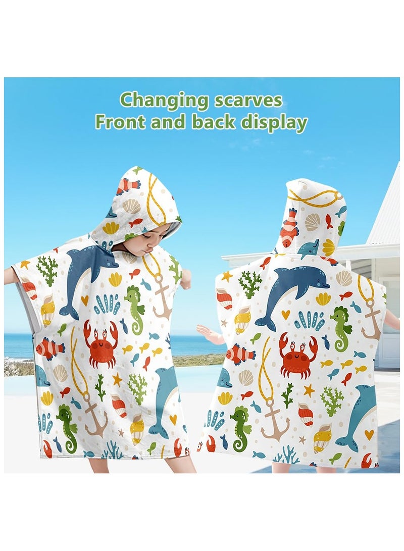 Hooded Poncho Towels for Kids, Beach Towel Poncho for Children Baby Kids Toddler, 75 x 65cm Microfibre Swimming Beach Bath Towel with Sea Animals, Swimming Beach Toweling Robe for Girls Boys