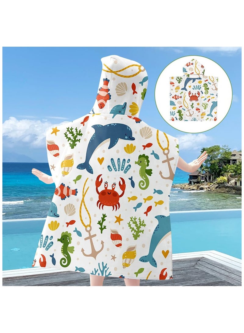 Hooded Poncho Towels for Kids, Beach Towel Poncho for Children Baby Kids Toddler, 75 x 65cm Microfibre Swimming Beach Bath Towel with Sea Animals, Swimming Beach Toweling Robe for Girls Boys