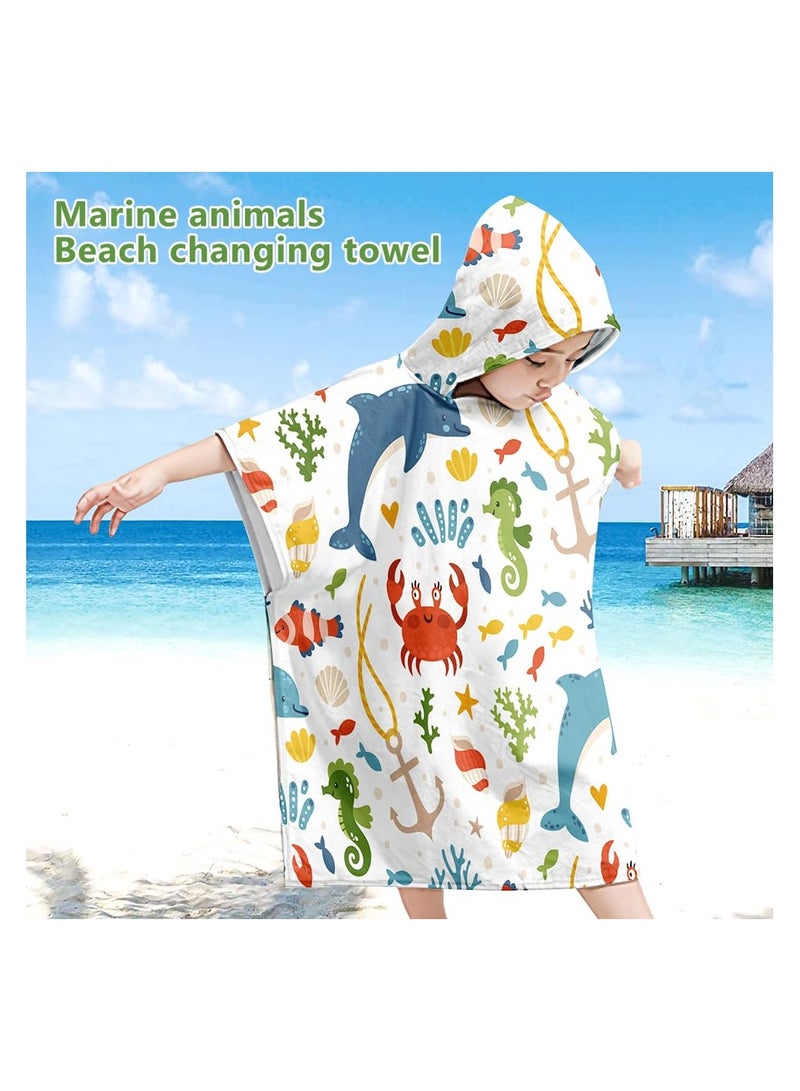 Hooded Poncho Towels for Kids, Beach Towel Poncho for Children Baby Kids Toddler, 75 x 65cm Microfibre Swimming Beach Bath Towel with Sea Animals, Swimming Beach Toweling Robe for Girls Boys