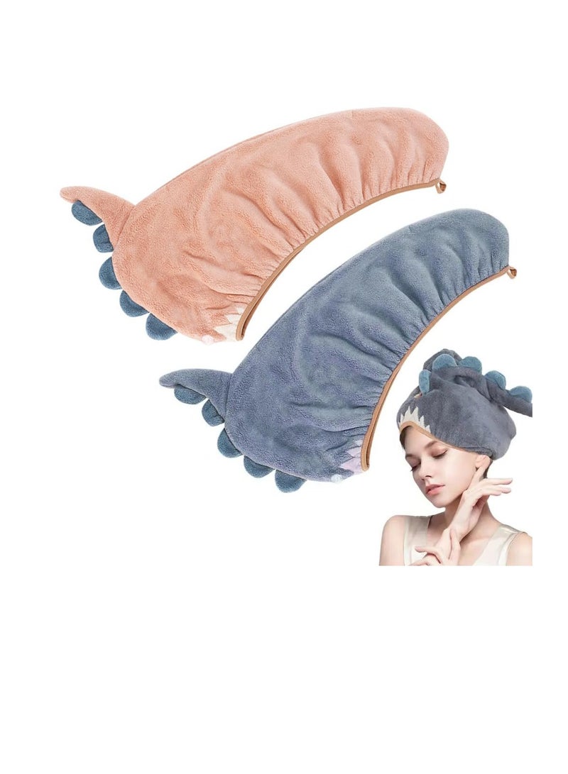 Cute Dinosaur Hair Dryer Hat, 2 Pcs Microfiber Hair Towel Wrap for Women, Absorbent Quick Dry Hair Turban for All Hair Style, Anti Frizz, Dinosaur Design Hair Drying Towel with Button, Blue and Pink