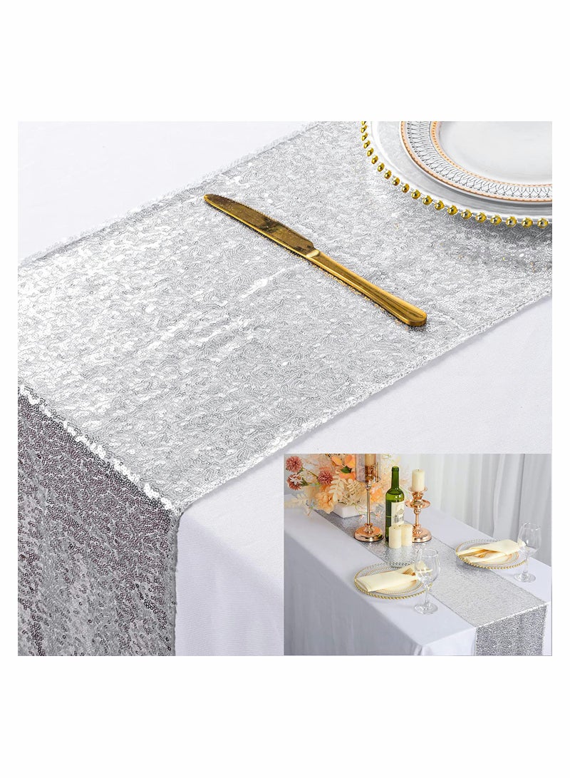 Sequin Table Runner Glitter Fabric Table Linens Runner Fabric Decorations for Holiday Wedding Birthday Outdoor Party Decor 12x72 inch