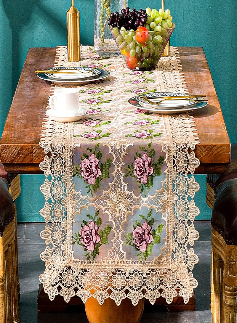 Spring Lace Table Runner, Floral Embroidered Lace Runners for Tables, Waterproof Cross Stitch Coffee Table Rose Pattern for Rustic Farmhouse Dining Coffee Wedding Table Decorations (16x 72