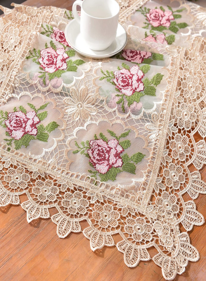 Spring Lace Table Runner, Floral Embroidered Lace Runners for Tables, Waterproof Cross Stitch Coffee Table Rose Pattern for Rustic Farmhouse Dining Coffee Wedding Table Decorations (16x 72