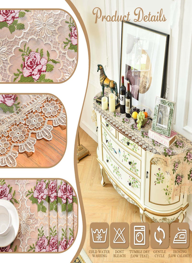 Spring Lace Table Runner, Floral Embroidered Lace Runners for Tables, Waterproof Cross Stitch Coffee Table Rose Pattern for Rustic Farmhouse Dining Coffee Wedding Table Decorations (16x 72