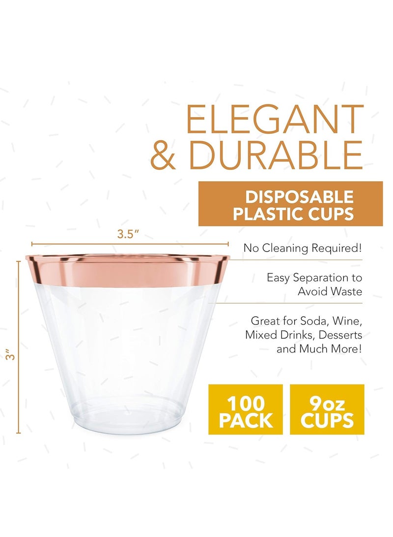 Disposable Plastic Cups 50 Pieces Elegant Rose Gold Rimmed Plastic Cups 9oz Clear Plastic Cups Gold Disposable Cups Cocktail Cups Plastic Clear Plastic Cups for Wedding Party Birthday