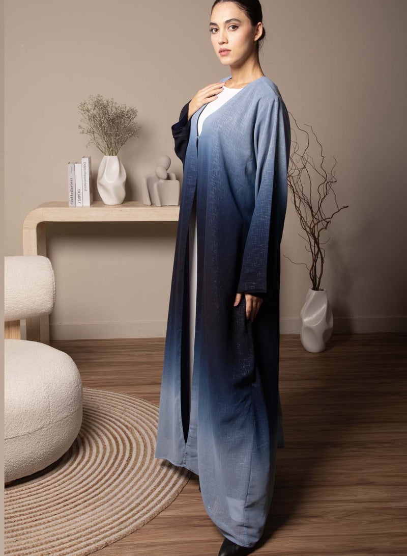 Front Open Blue Double Shades Chiffon Abaya with Glitter and Matching Sheila