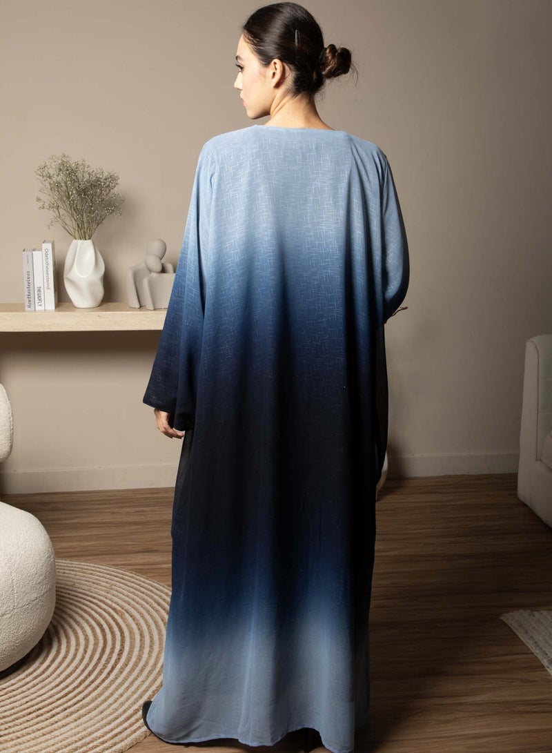 Front Open Blue Double Shades Chiffon Abaya with Glitter and Matching Sheila