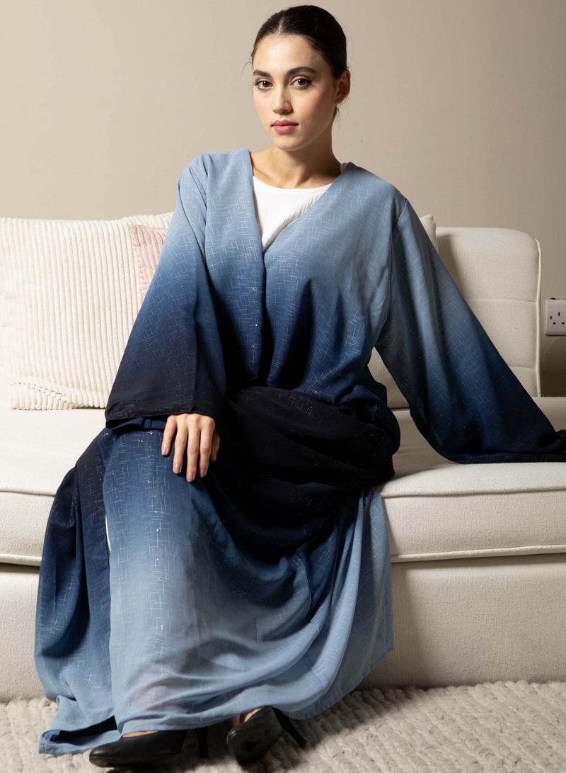 Front Open Blue Double Shades Chiffon Abaya with Glitter and Matching Sheila