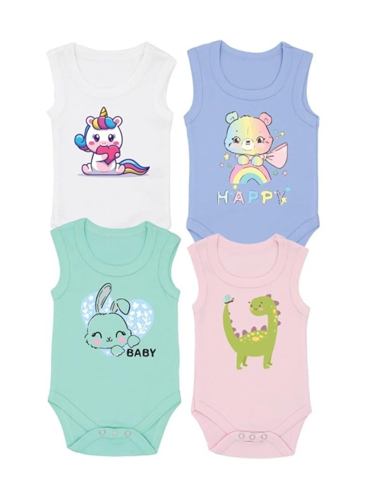 Sleeveless Baby Romper Set for Girls - Pack of 4 Soft Cotton Rompers - Cute Outfits for Newborns and Toddlers with Snap Closure - Gift for Baby Girls